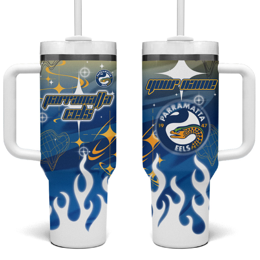 Personalized Parramatta Eels Tumbler With Handle Y2K Grunge Aesthetic With Cyber Flames and Starburst Graphics
