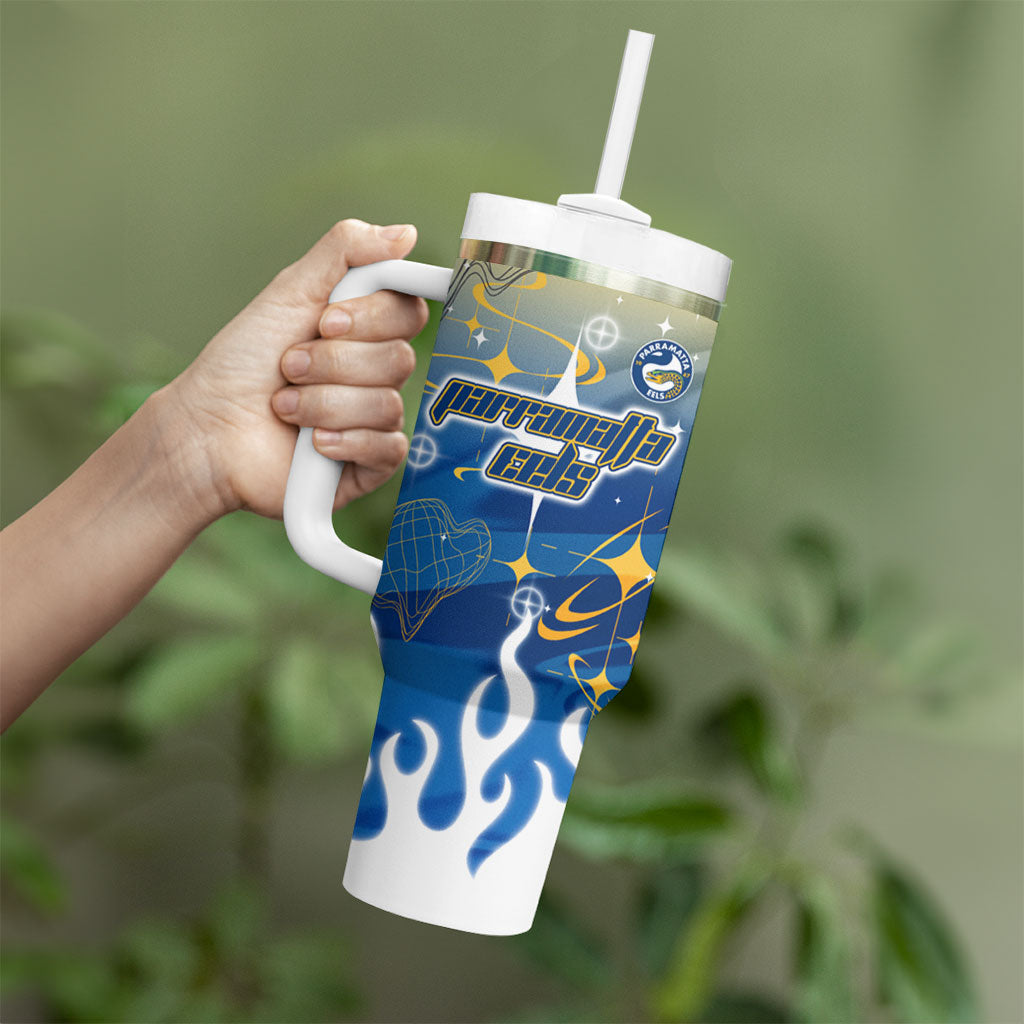 Personalized Parramatta Eels Tumbler With Handle Y2K Grunge Aesthetic With Cyber Flames and Starburst Graphics