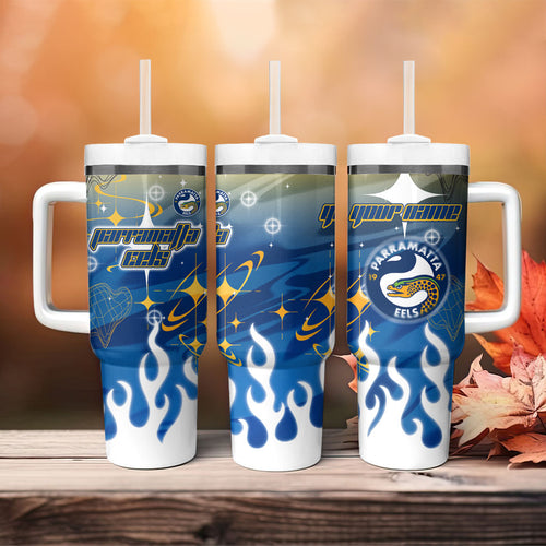Personalized Parramatta Eels Tumbler With Handle Y2K Grunge Aesthetic With Cyber Flames and Starburst Graphics