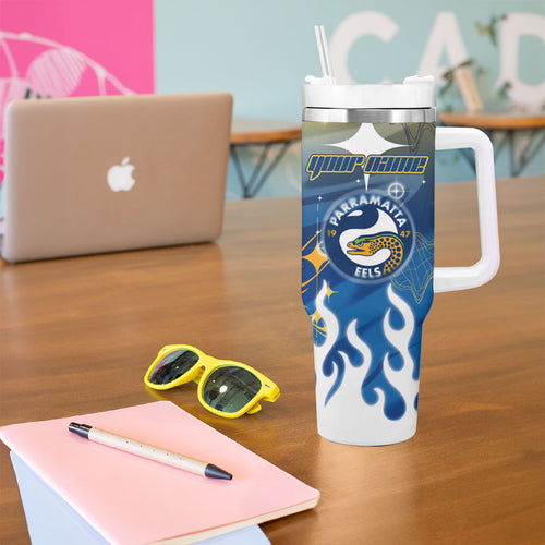 Personalized Parramatta Eels Tumbler With Handle Y2K Grunge Aesthetic With Cyber Flames and Starburst Graphics