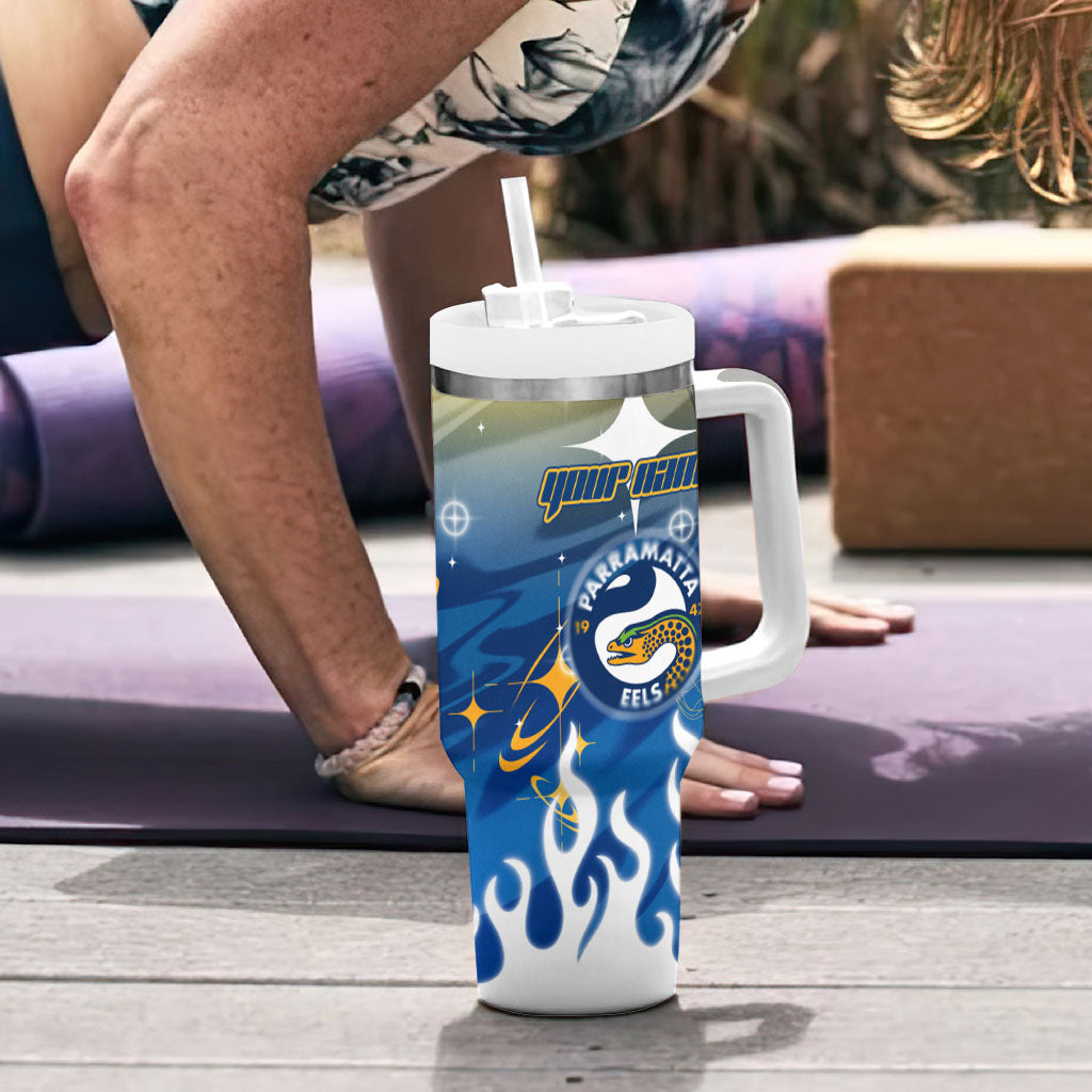 Personalized Parramatta Eels Tumbler With Handle Y2K Grunge Aesthetic With Cyber Flames and Starburst Graphics