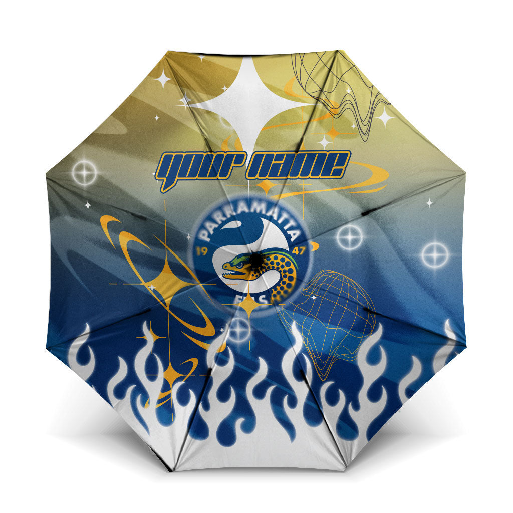 Personalized Parramatta Eels Umbrella Y2K Grunge Aesthetic With Cyber Flames and Starburst Graphics
