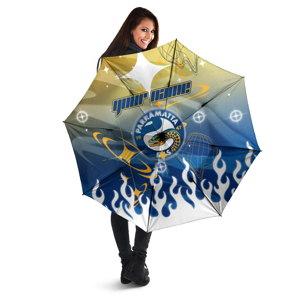 Personalized Parramatta Eels Umbrella Y2K Grunge Aesthetic With Cyber Flames and Starburst Graphics