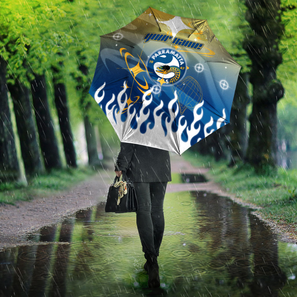 Personalized Parramatta Eels Umbrella Y2K Grunge Aesthetic With Cyber Flames and Starburst Graphics