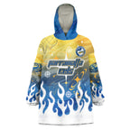 Personalized Parramatta Eels Wearable Blanket Hoodie Y2K Grunge Aesthetic With Cyber Flames and Starburst Graphics