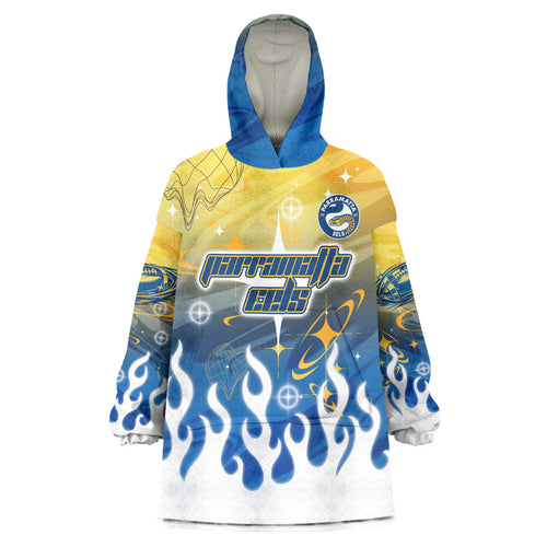 Personalized Parramatta Eels Wearable Blanket Hoodie Y2K Grunge Aesthetic With Cyber Flames and Starburst Graphics