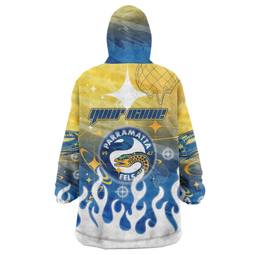 Personalized Parramatta Eels Wearable Blanket Hoodie Y2K Grunge Aesthetic With Cyber Flames and Starburst Graphics