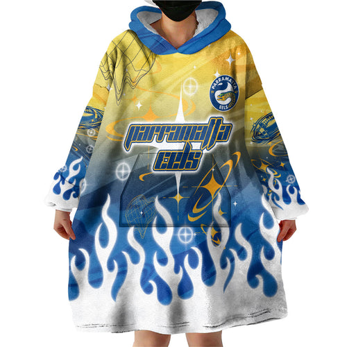 Personalized Parramatta Eels Wearable Blanket Hoodie Y2K Grunge Aesthetic With Cyber Flames and Starburst Graphics