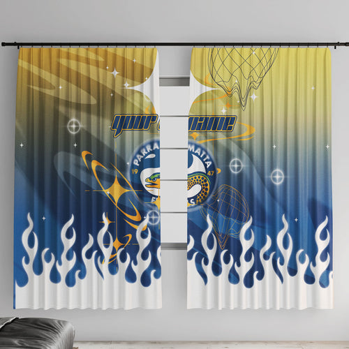 Personalized Parramatta Eels Window Curtain Y2K Grunge Aesthetic With Cyber Flames and Starburst Graphics