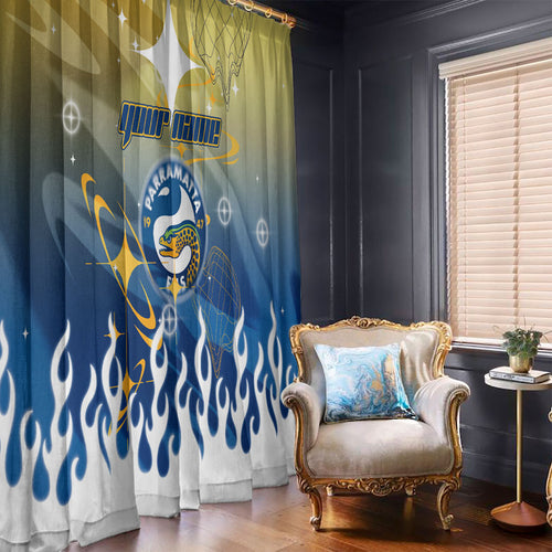Personalized Parramatta Eels Window Curtain Y2K Grunge Aesthetic With Cyber Flames and Starburst Graphics