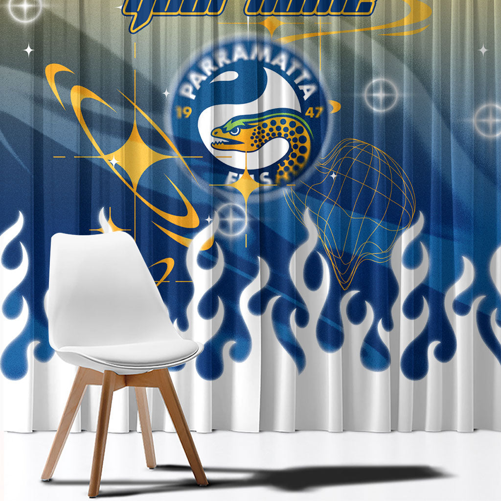 Personalized Parramatta Eels Window Curtain Y2K Grunge Aesthetic With Cyber Flames and Starburst Graphics