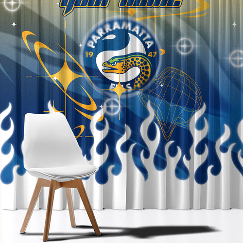 Personalized Parramatta Eels Window Curtain Y2K Grunge Aesthetic With Cyber Flames and Starburst Graphics
