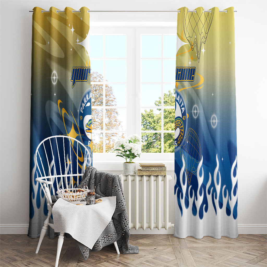 Personalized Parramatta Eels Window Curtain Y2K Grunge Aesthetic With Cyber Flames and Starburst Graphics