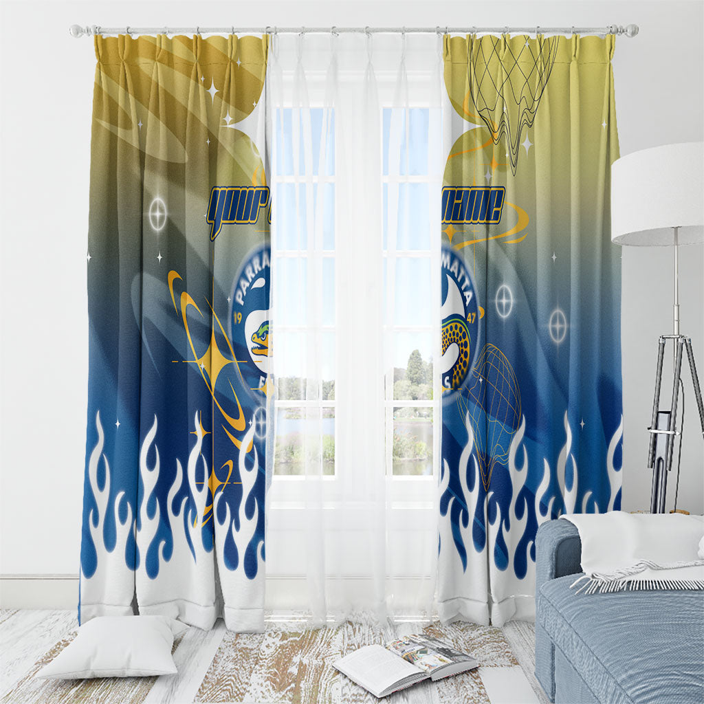 Personalized Parramatta Eels Window Curtain Y2K Grunge Aesthetic With Cyber Flames and Starburst Graphics