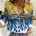 Personalized Parramatta Eels Women Casual Shirt Y2K Grunge Aesthetic With Cyber Flames and Starburst Graphics