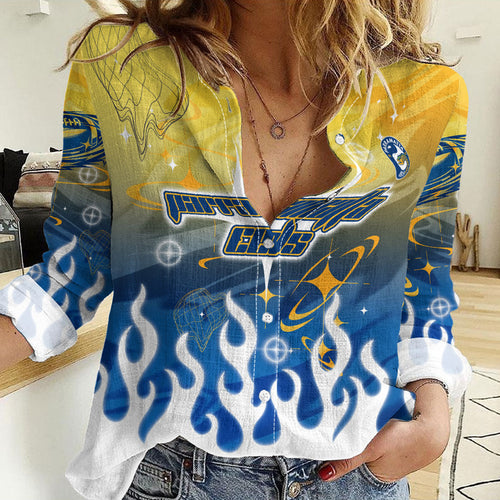 Personalized Parramatta Eels Women Casual Shirt Y2K Grunge Aesthetic With Cyber Flames and Starburst Graphics