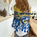 Personalized Parramatta Eels Women Casual Shirt Y2K Grunge Aesthetic With Cyber Flames and Starburst Graphics