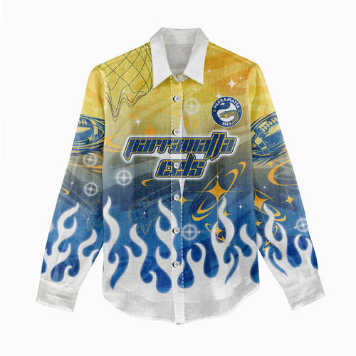 Personalized Parramatta Eels Women Casual Shirt Y2K Grunge Aesthetic With Cyber Flames and Starburst Graphics
