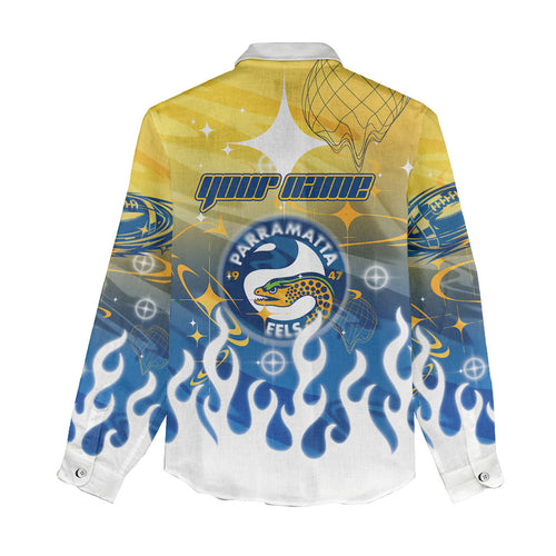 Personalized Parramatta Eels Women Casual Shirt Y2K Grunge Aesthetic With Cyber Flames and Starburst Graphics