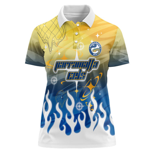 Personalized Parramatta Eels Women Polo Shirt Y2K Grunge Aesthetic With Cyber Flames and Starburst Graphics