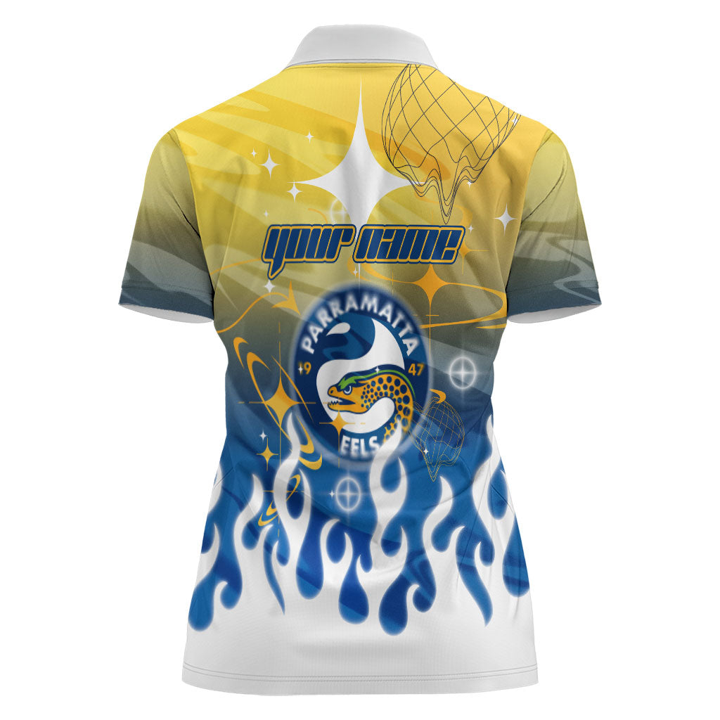 Personalized Parramatta Eels Women Polo Shirt Y2K Grunge Aesthetic With Cyber Flames and Starburst Graphics