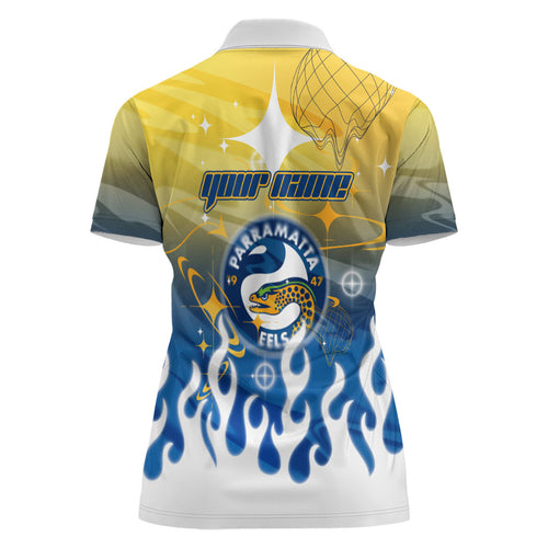 Personalized Parramatta Eels Women Polo Shirt Y2K Grunge Aesthetic With Cyber Flames and Starburst Graphics