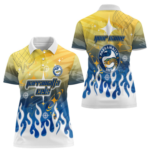 Personalized Parramatta Eels Women Polo Shirt Y2K Grunge Aesthetic With Cyber Flames and Starburst Graphics