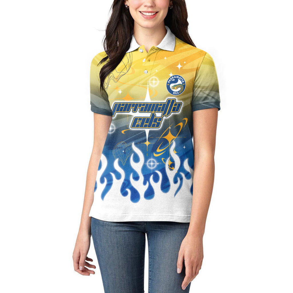 Personalized Parramatta Eels Women Polo Shirt Y2K Grunge Aesthetic With Cyber Flames and Starburst Graphics