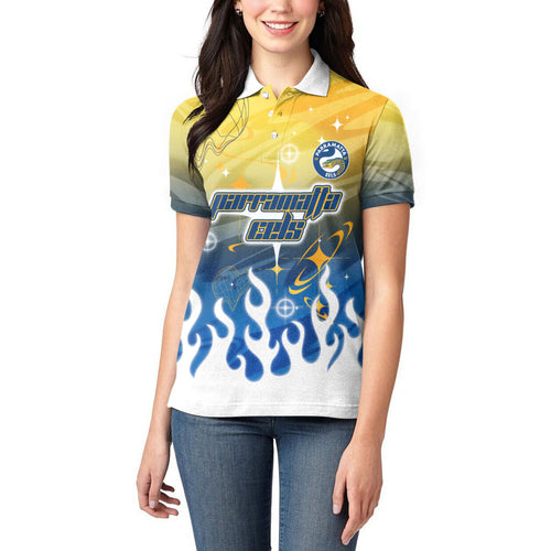 Personalized Parramatta Eels Women Polo Shirt Y2K Grunge Aesthetic With Cyber Flames and Starburst Graphics