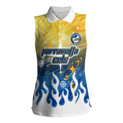 Personalized Parramatta Eels Women Sleeveless Polo Shirt Y2K Grunge Aesthetic With Cyber Flames and Starburst Graphics