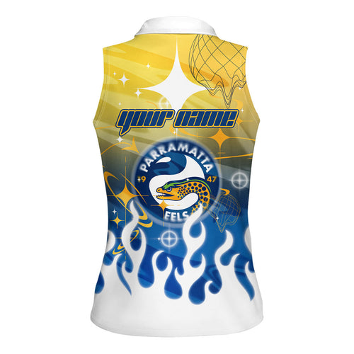 Personalized Parramatta Eels Women Sleeveless Polo Shirt Y2K Grunge Aesthetic With Cyber Flames and Starburst Graphics