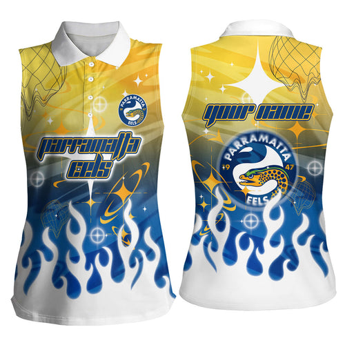 Personalized Parramatta Eels Women Sleeveless Polo Shirt Y2K Grunge Aesthetic With Cyber Flames and Starburst Graphics