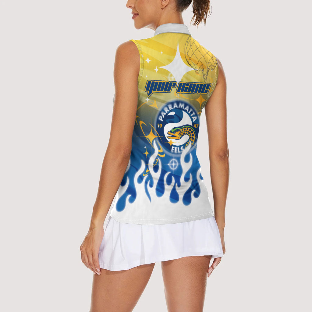 Personalized Parramatta Eels Women Sleeveless Polo Shirt Y2K Grunge Aesthetic With Cyber Flames and Starburst Graphics