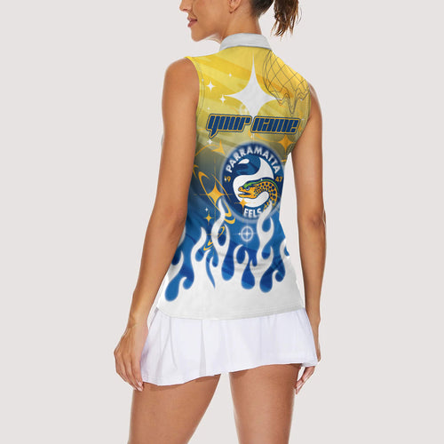 Personalized Parramatta Eels Women Sleeveless Polo Shirt Y2K Grunge Aesthetic With Cyber Flames and Starburst Graphics