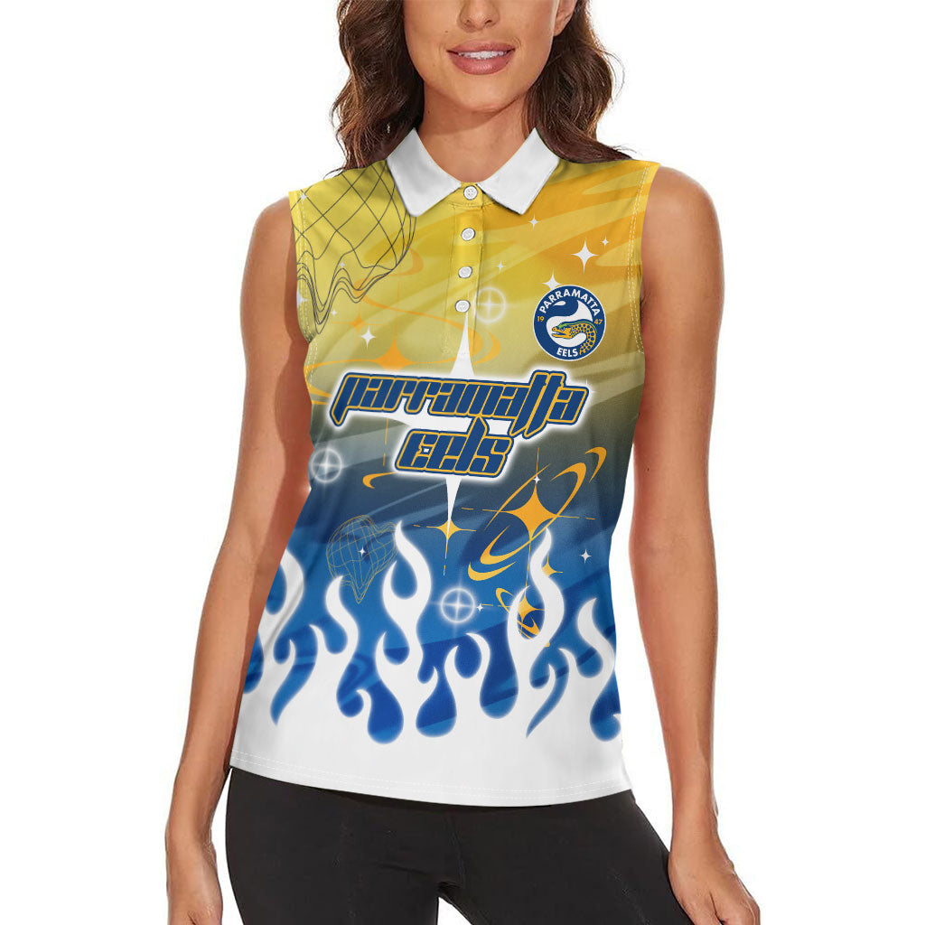 Personalized Parramatta Eels Women Sleeveless Polo Shirt Y2K Grunge Aesthetic With Cyber Flames and Starburst Graphics