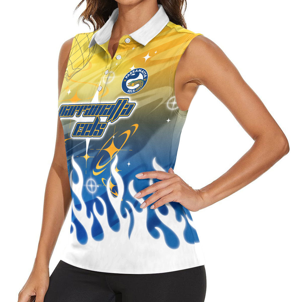 Personalized Parramatta Eels Women Sleeveless Polo Shirt Y2K Grunge Aesthetic With Cyber Flames and Starburst Graphics
