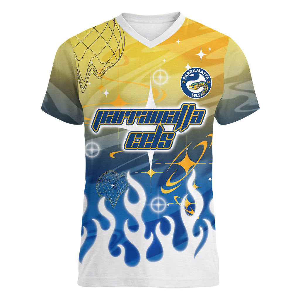 Personalized Parramatta Eels Women V-Neck T-Shirt Y2K Grunge Aesthetic With Cyber Flames and Starburst Graphics