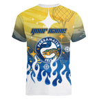 Personalized Parramatta Eels Women V-Neck T-Shirt Y2K Grunge Aesthetic With Cyber Flames and Starburst Graphics
