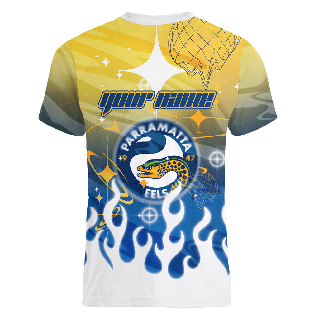 Personalized Parramatta Eels Women V-Neck T-Shirt Y2K Grunge Aesthetic With Cyber Flames and Starburst Graphics