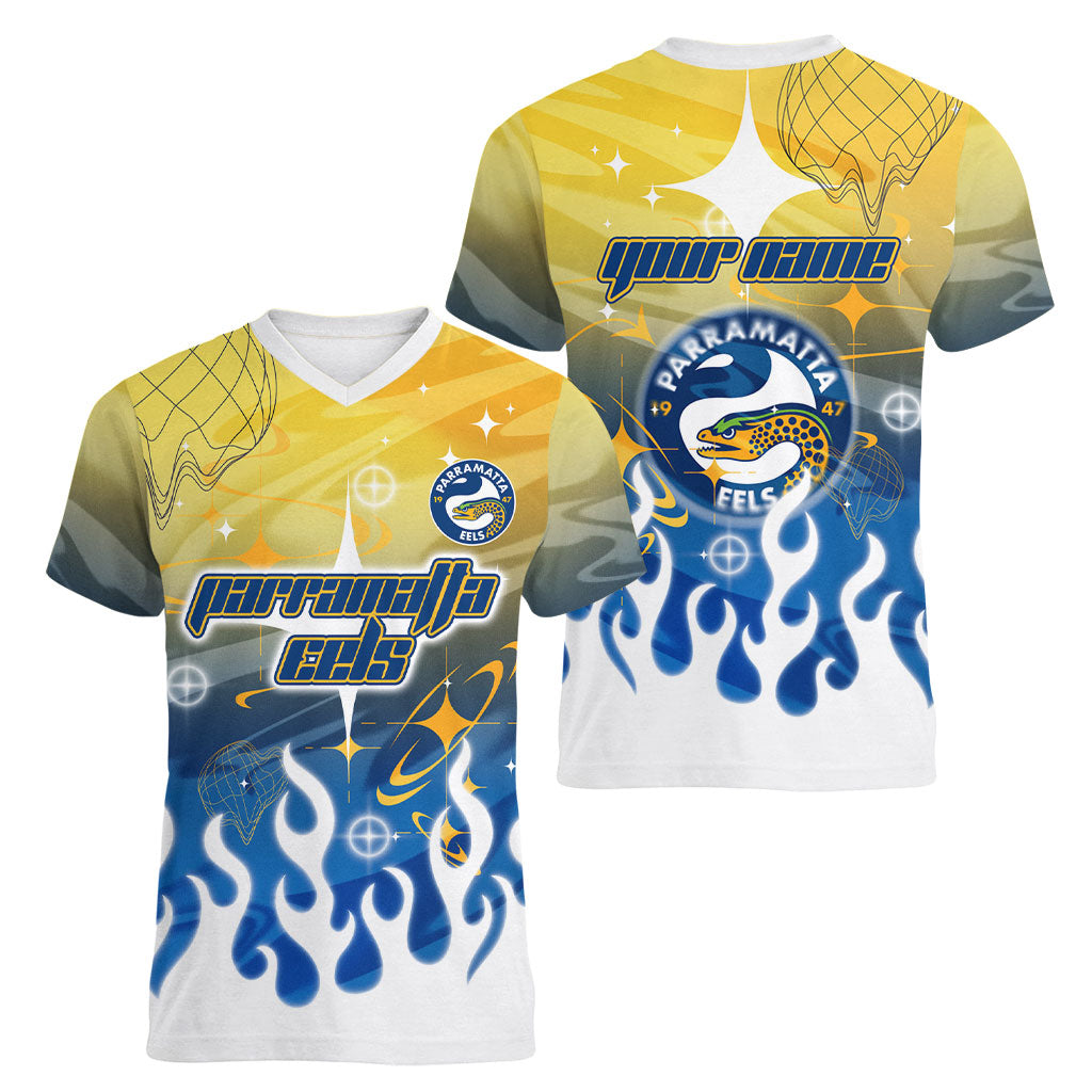 Personalized Parramatta Eels Women V-Neck T-Shirt Y2K Grunge Aesthetic With Cyber Flames and Starburst Graphics