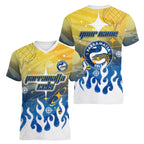 Personalized Parramatta Eels Women V-Neck T-Shirt Y2K Grunge Aesthetic With Cyber Flames and Starburst Graphics