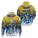 Personalized Parramatta Eels Zip Hoodie Y2K Grunge Aesthetic With Cyber Flames and Starburst Graphics