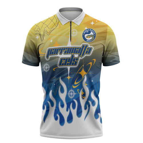 Personalized Parramatta Eels Zipper Polo Shirt Y2K Grunge Aesthetic With Cyber Flames and Starburst Graphics