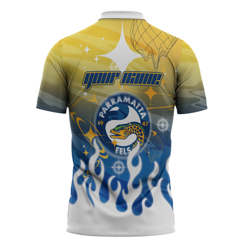 Personalized Parramatta Eels Zipper Polo Shirt Y2K Grunge Aesthetic With Cyber Flames and Starburst Graphics