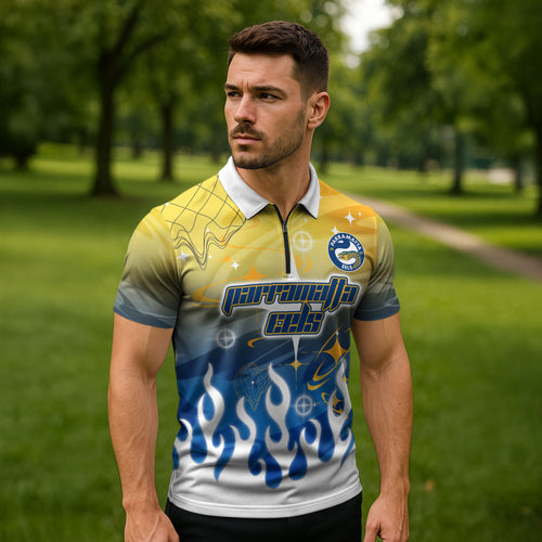 Personalized Parramatta Eels Zipper Polo Shirt Y2K Grunge Aesthetic With Cyber Flames and Starburst Graphics
