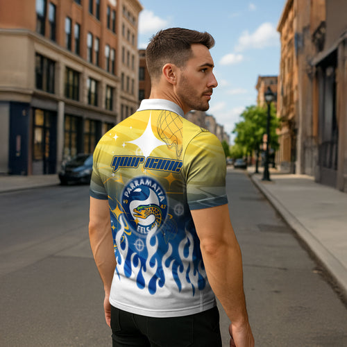 Personalized Parramatta Eels Zipper Polo Shirt Y2K Grunge Aesthetic With Cyber Flames and Starburst Graphics