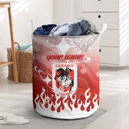 Personalized St. George Illawarra Dragons Laundry Basket Y2K Grunge Aesthetic With Cyber Flames and Starburst Graphics