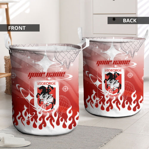 Personalized St. George Illawarra Dragons Laundry Basket Y2K Grunge Aesthetic With Cyber Flames and Starburst Graphics