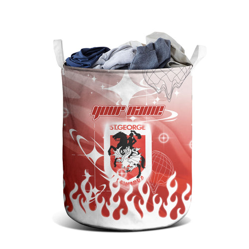 Personalized St. George Illawarra Dragons Laundry Basket Y2K Grunge Aesthetic With Cyber Flames and Starburst Graphics