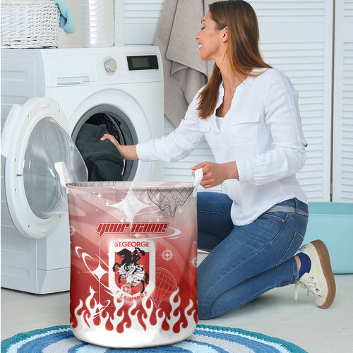 Personalized St. George Illawarra Dragons Laundry Basket Y2K Grunge Aesthetic With Cyber Flames and Starburst Graphics